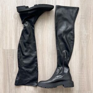 Zara Over the Knee Boots Black Thigh High Boots Minimal Chunky Sole 7